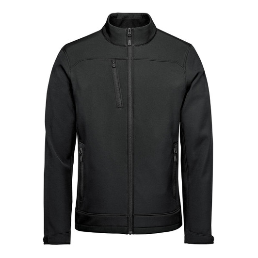 A black men's softshell jacket featuring a full front zipper and multiple pockets, including a chest pocket.