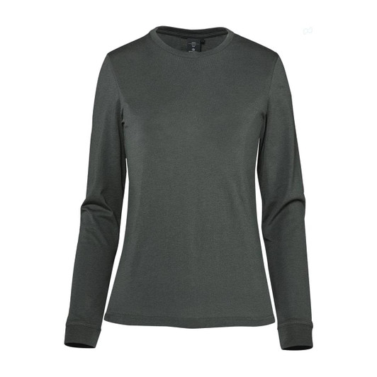 A women's long sleeve tee in dark green, featuring a simple design and a logo.