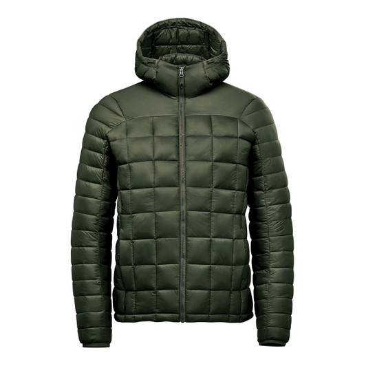 A green puffer jacket with a hood, featuring a quilted design and a zip closure at the front. It has a logo.