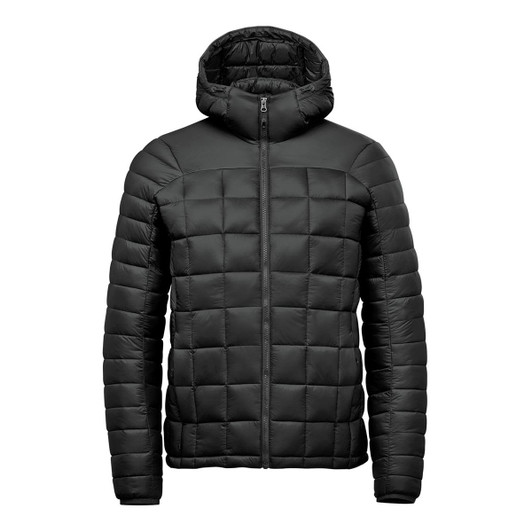 A black puffer jacket with a hood, featuring a quilted design and a front zipper. It has a logo on the chest.