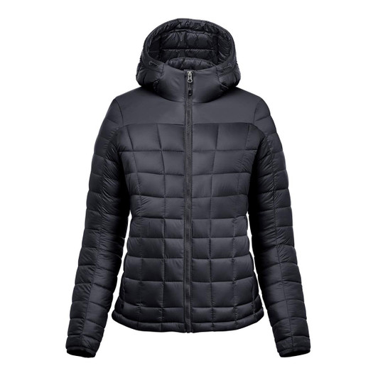 A women's puffer jacket in black, featuring a quilted design and a hood, with a front zipper and long sleeves.