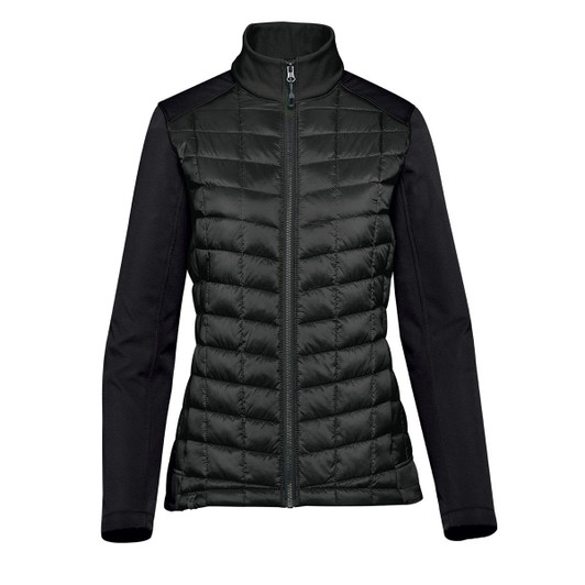A women's softshell jacket in black, featuring a quilted front and smooth sleeves. It has a zip closure and a high collar.