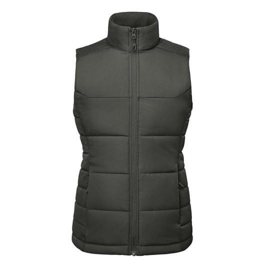 A women's thermal vest in dark green, featuring a zip-up front and a high collar design. It has a logo on it.