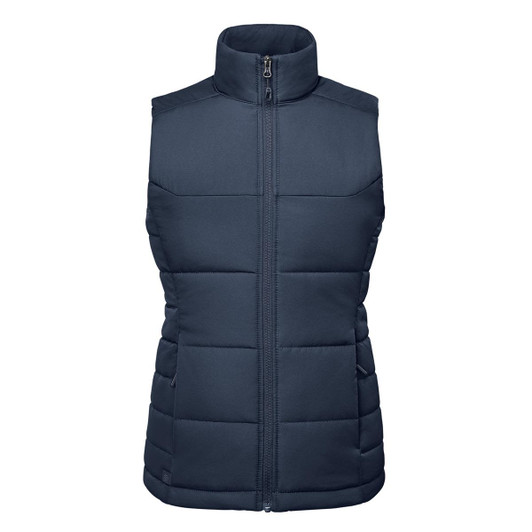 A navy women's thermal vest with a zip front, featuring a high collar and padded design. It has a branding logo.