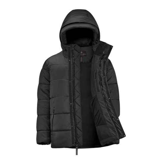A black puffer jacket with a hood and zippered front, featuring a quilted design and a logo.
