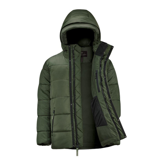 A green puffer jacket with a removable hood, featuring a zip front and side pockets, along with an inner lining.