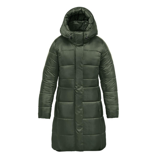 A women's puffer jacket in olive green with a hood, featuring a quilted design and a knee-length cut. 