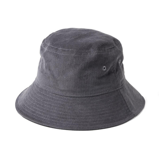 A grey cord bucket hat with a wide brim and a logo tag. Suitable for casual wear.