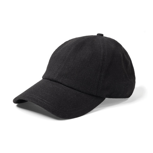 A black linen cap with a curved brim and a back adjustment feature, featuring a branding logo.