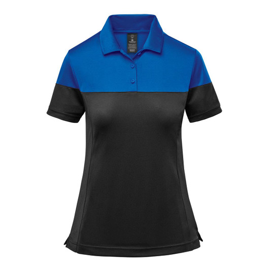 A women's two-tone polo shirt featuring a blue upper section and a black lower section. The shirt has a collar and buttons.