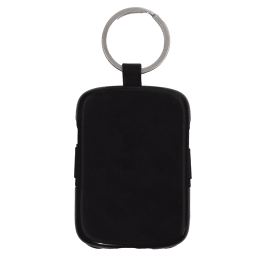 A black keychain power bank with a silver ring, featuring a smooth finish and compact design.