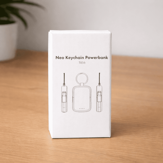 A white box containing the Neo Keychain Powerbank, featuring illustrations of the powerbank design and keychain attachment.
