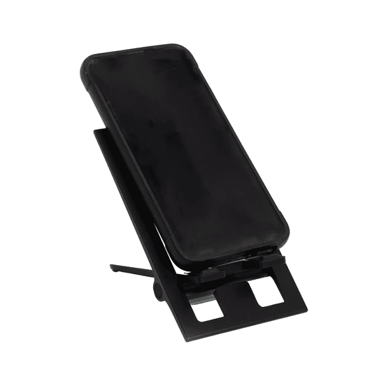 A foldable phone stand in black, featuring adjustable angles and a sleek design for device support.