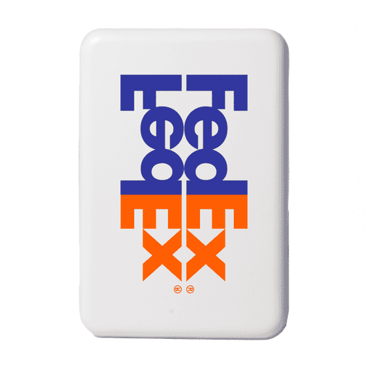 A white wireless charging powerbank featuring a logo in purple and orange.