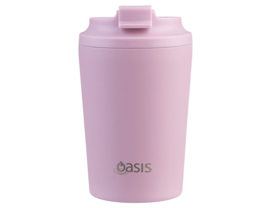 A ceramic-lined insulated coffee cup in light pink, featuring a secure lid and a branding logo.
