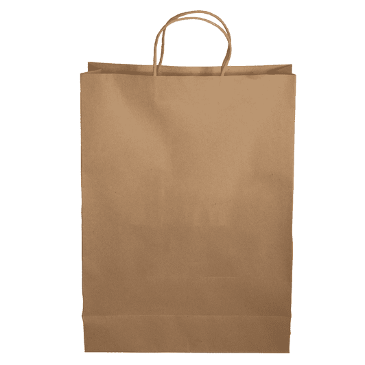 A brown paper shopping bag with handles, featuring a plain surface and rectangular shape.