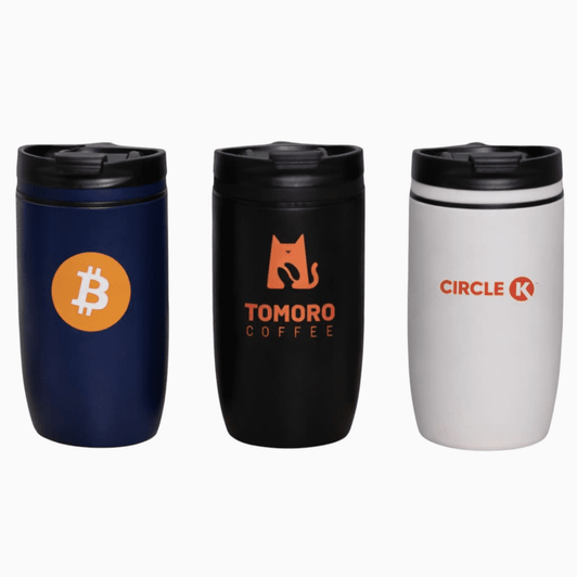 A drink bottle set featuring a navy blue, black, and white vacuum cup, each with a logo.