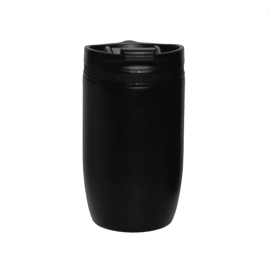 A drink bottle in glossy black, featuring a lid and a sleek, cylindrical design with a logo.