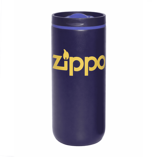 A drink bottle featuring a dark purple finish, with a logo on the side and a secured lid.