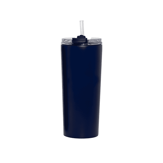 A drink bottle featuring a navy blue finish with a lid and straw, designed for vacuum insulation.