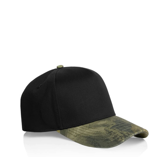 A two-tone camo cap featuring a black body and a green camo peak, complete with a branding logo.