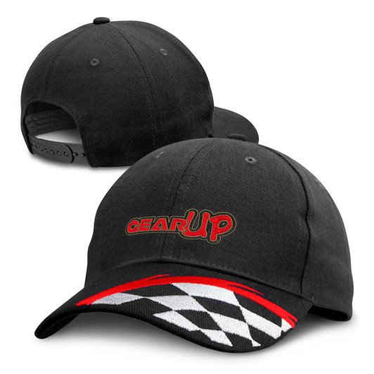 A black cap featuring a logo, with a red and checkered design on the brim.