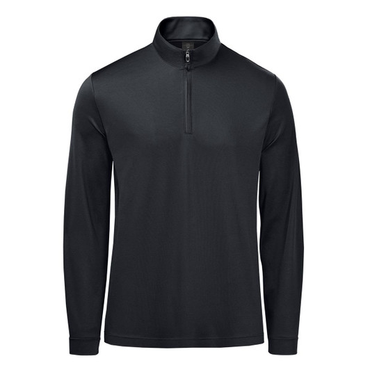A black men's pullover with a 1/4 zip and long sleeves, featuring a branding logo.