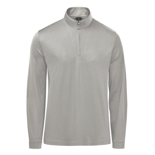 A grey men's pullover featuring a 1/4 zip and long sleeves, with a logo on the chest.