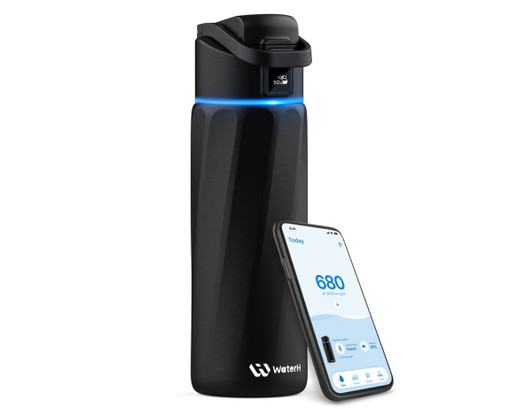 A drink bottle in black with a sleek design and a smart app displayed on a phone beside it. The bottle features a logo.