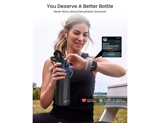 A drink bottle in dark grey with a digital display, featuring a flip-top lid and a logo.