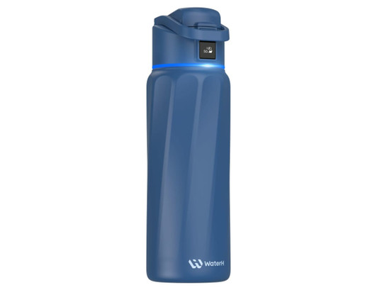 A drink bottle in navy blue with a sleek design and a logo on the side. Features a secure lid and LED indicator.