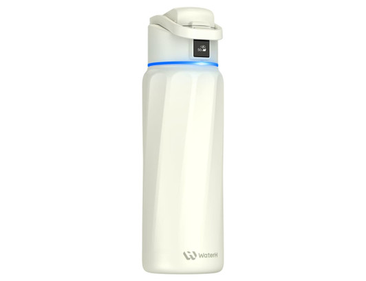 A drink bottle in white with a blue accent and a logo, designed for hydration and featuring a secure lid.