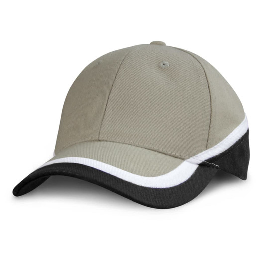 A beige and black cap with a curved brim and contrasting white trim. It features a logo on the front.