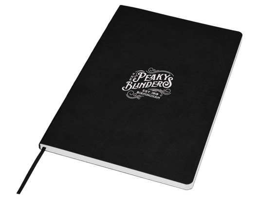 A black A5 notebook with a logo on the cover and a ribbon bookmark. It features a textured finish.