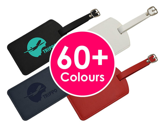 Three luggage tags featuring black, white, and red colours, each with a strap and a brand logo.