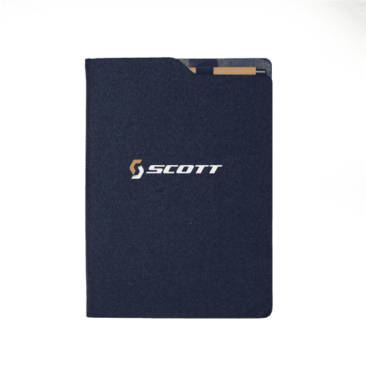 A navy blue notebook with a subtle texture and a logo on the front cover. It has a pocket for cards or notes.