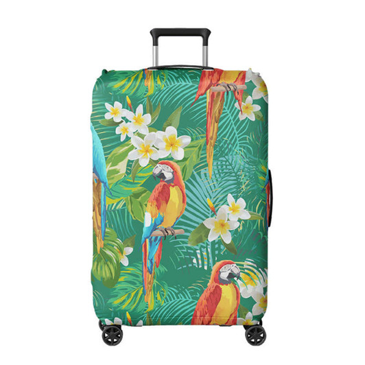 A suitcase cover featuring a vibrant tropical design with colourful parrots and floral patterns on a green background.