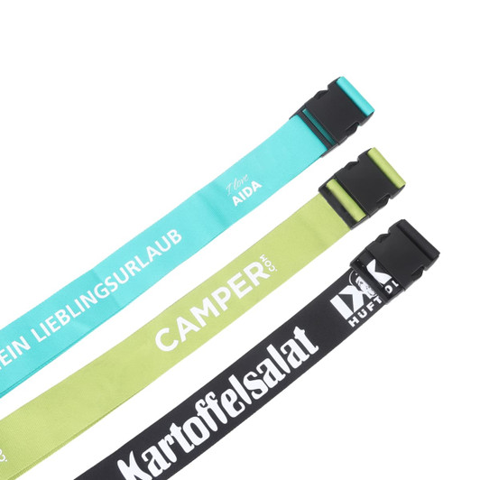 Three poly ribbed luggage belts in teal, lime green, and black, featuring different designs and buckles.