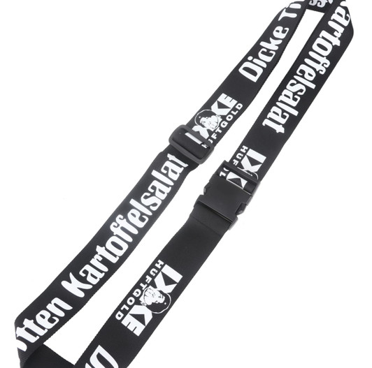 A black luggage belt with white text and a buckle, featuring a logo. Ideal for securing bags.
