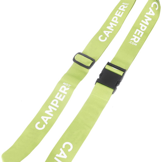 A bright green poly ribbed luggage belt with a buckle and a logo.