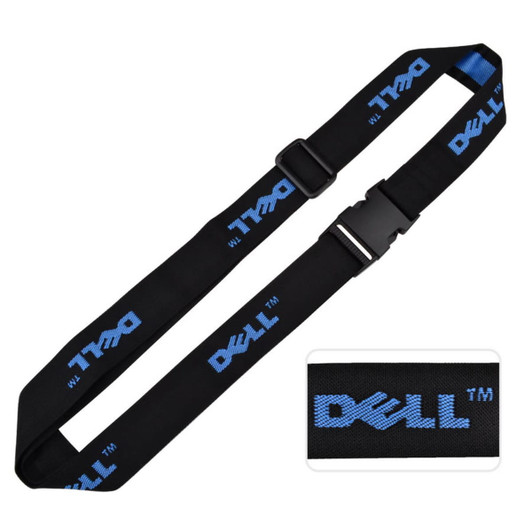 A woven luggage belt in black with blue branding, featuring an adjustable buckle.