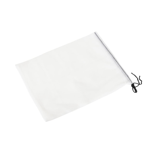 A white produce bag with a drawstring closure, featuring a simple design and smooth texture.