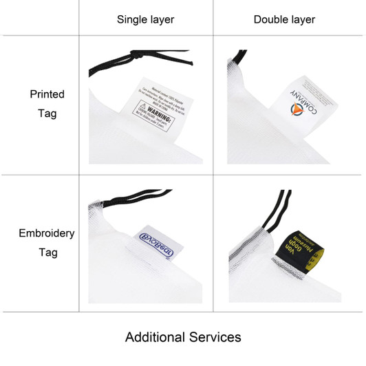 A collection of produce bags featuring printed and embroidery tags, available in single and double layer options.