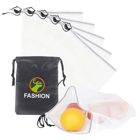 A set of five white produce bags with a black drawstring storage pouch, featuring a logo.