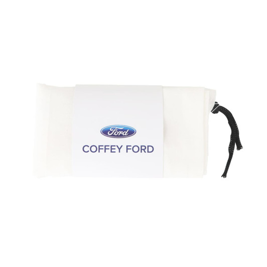 A white cotton mesh produce bag with a black drawstring and a branded label.