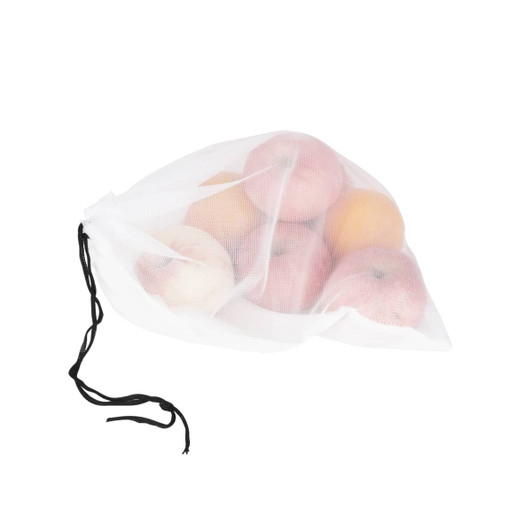 A white cotton mesh produce bag filled with various apples and oranges, secured with a black drawstring.