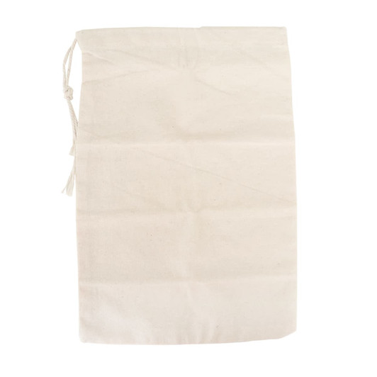 A large, natural coloured cotton produce bag with a drawstring closure and a simple design.