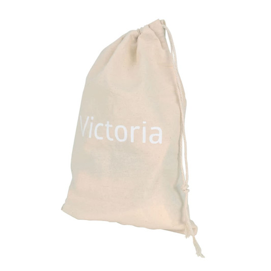 A large cream cotton produce bag with a drawstring closure, featuring a logo in white.