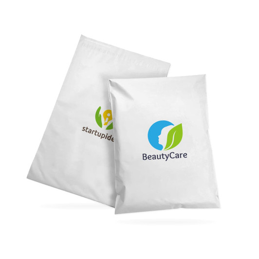 Two medium-sized biodegradable mailer bags in white, featuring logos on the front.