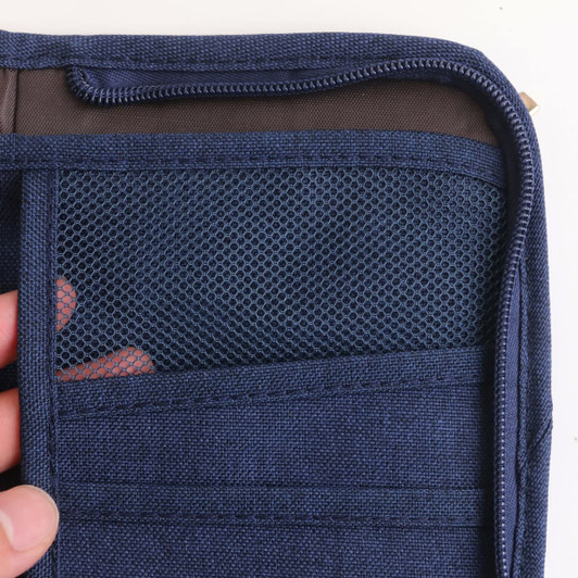 A navy blue passport holder featuring mesh pockets and card slots, with a zip closure.